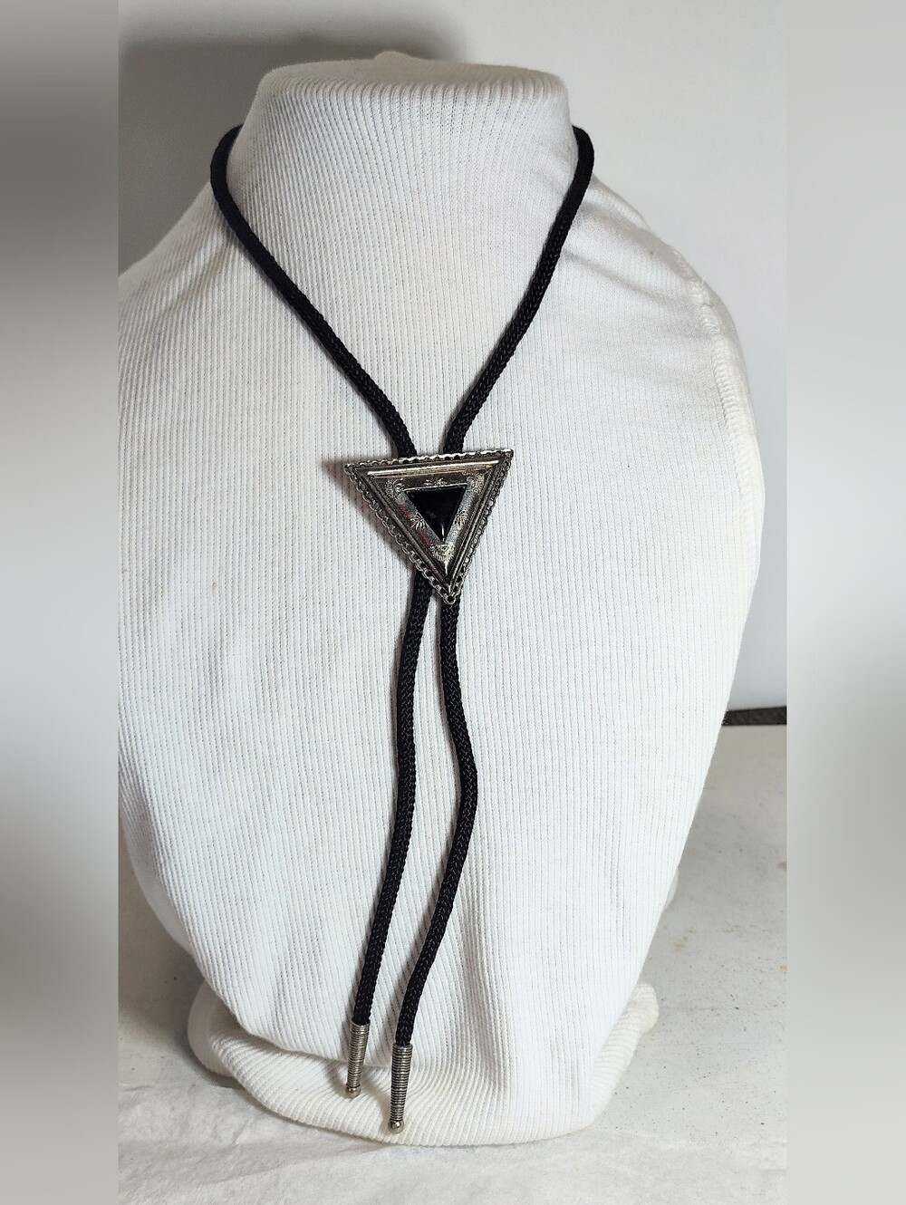 Black Cord Triangle Bolo Tie with Silver-Tone Black Onyx Accent